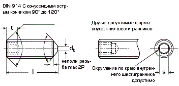 DIN 914 Винт установочный стопорный с внутренним шестигранником и коническим концом, М6 М8 М10 М12 М16, ГОСТ 8878-93, ISO 4027